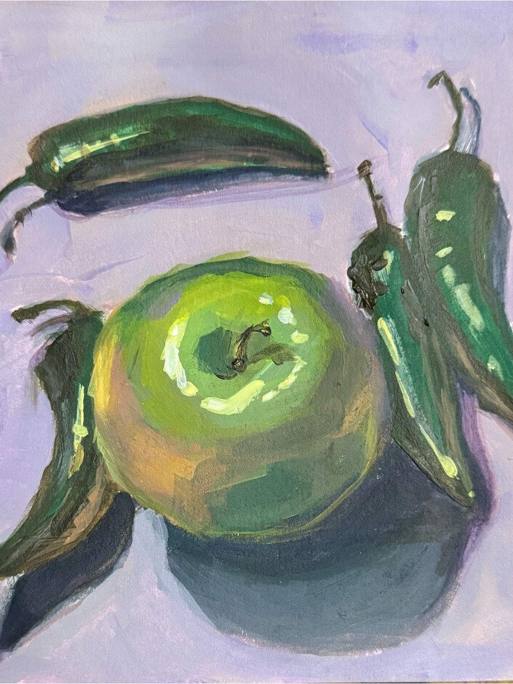 Green Apple and Chili Still Life Painting - Home Art
